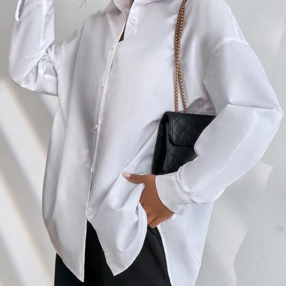 Preppy White Button down Oversized Boyfriend Top - Picture 7 of 8
